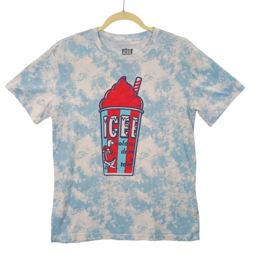 ICEE Mens S Tie Dye Slushie Graphic Tee Coldest Drink in Town Blue White T-Shirt